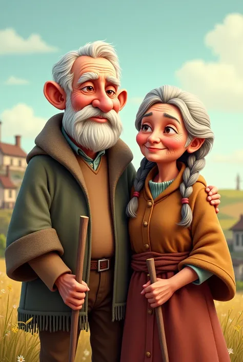 elderly peasant couple where the man has a ruana and the woman has braids in cartoons

