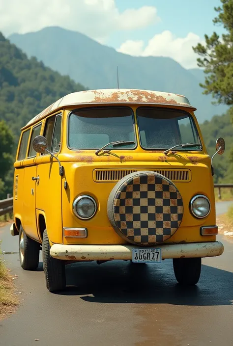 Combi VW van jaune roue de secours a carreaux


