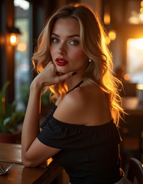 Elegant stylized charming female character, Gorgeous 40 year-old girl wearing red and Black top, looking like Kate Upton, alluring sitting shot, large expressive eyes, small nose, eyeshadow, full lips, glossy lips with red colour lipstick, long straight wa...