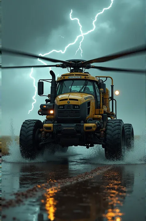 A vehicle mixture of both tractor and a helicopter in rain with thunders