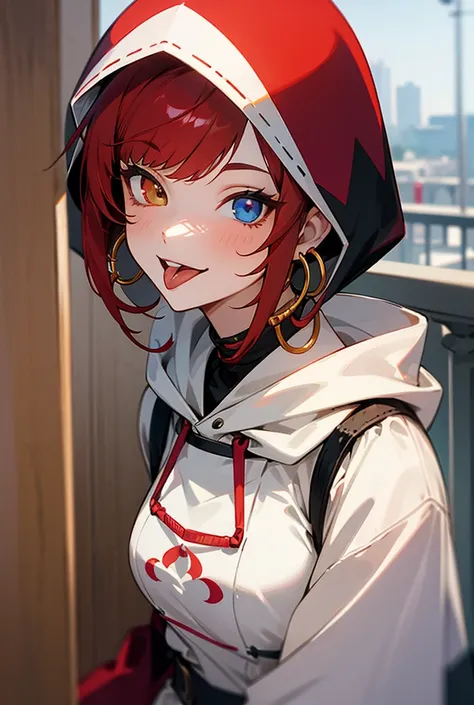 1 girl, short hair, fringe, red hair, Hoop earrings, smile, Tongue out, Heterochromia, Hood up, On 1 balcony,