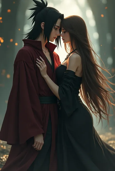 Create a photo with a young woman with long brown hair and fair skin with her body modeled next to Itachi Uchiha the anime character 
