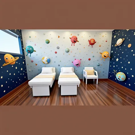 Pediatric room for children with an outer space theme. Please keep the existing furniture.