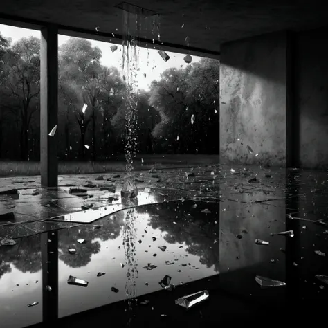 Broken glass, Scattered Glass, Glass falls like rain, reflection, Collapsed ground, Landscape painting, Monochrome