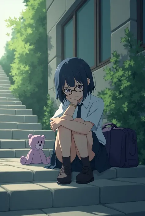 girl sitting alone on a set of stairs, hugging her knees while looking down, seemingly deep in thought or feeling melancholic. She has short dark hair, wears glasses, and is dressed in a school uniform with a white shirt and a black tie. Beside her, there’...