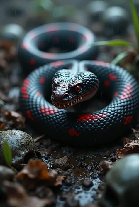 Close-up photo of a black snake with red scales, Poisonous , muddy and rainy land, leaves around, with human skulls around, and animal skulls around