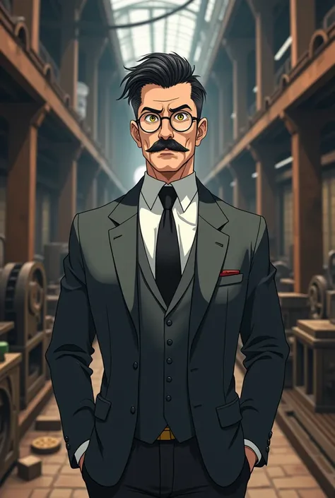 black hair, yellow eyes,white skin, mature man, gray suit, medieval factory, undercut hair, businessman, thick mustache, european, anime, round glasses, long nose