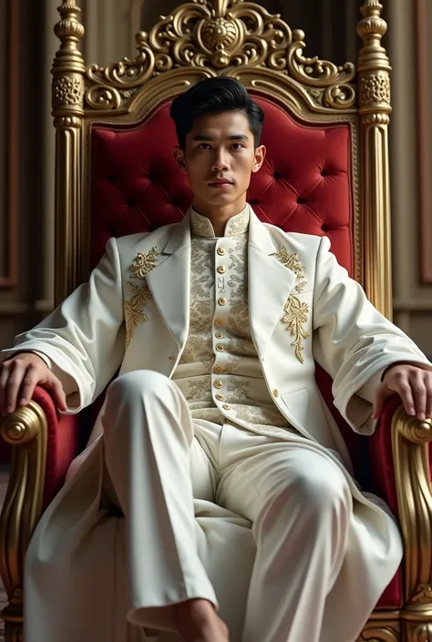 A good looking Malay prince wearing all white sitting on the throne.