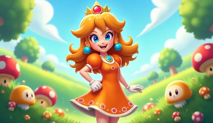 Princess Daisy from Mario, in a orange short dress