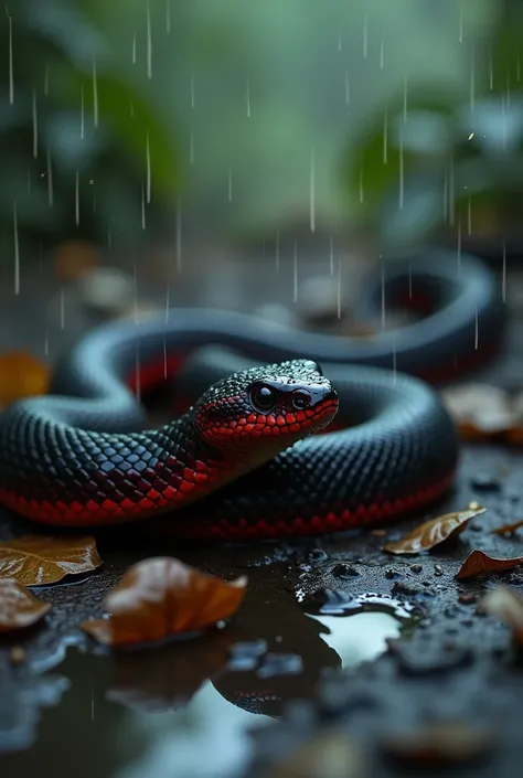 Close-up photo of a black snake with red scales, Poisonous , muddy and rainy land, leaves around