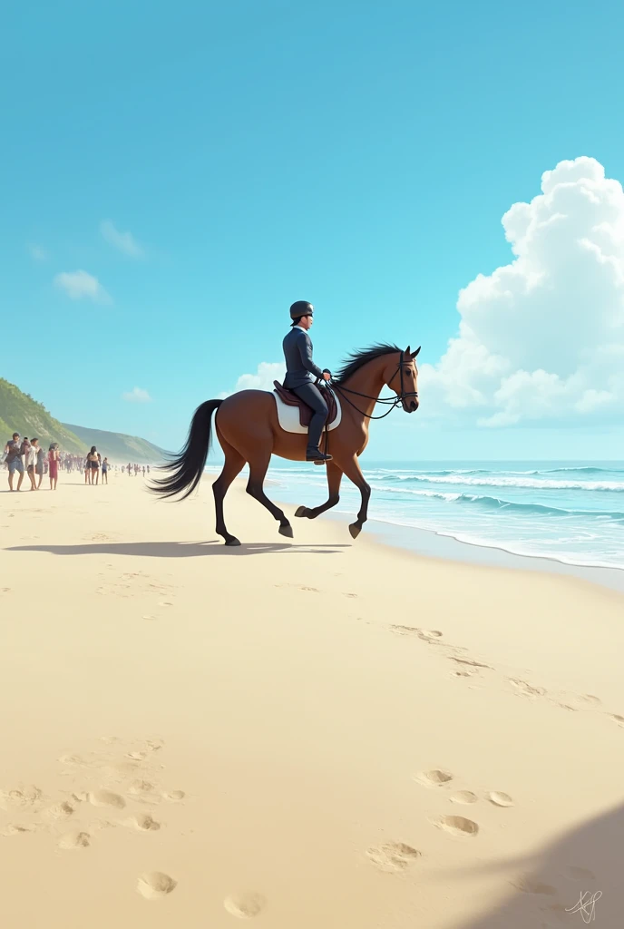 One people riding a horse on the beach with people watching

