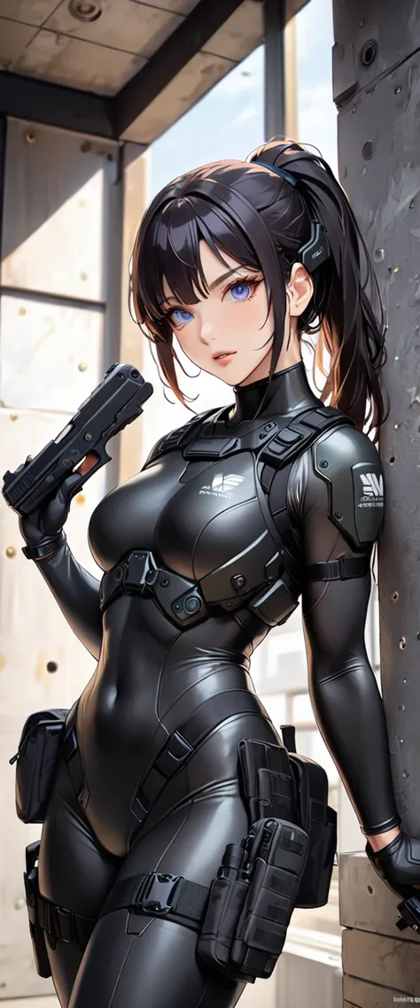 (masterpiece:1.2,Best Quality,Best Quality,Very detailed:1.2),8k,wallpaper,(One Woman),(Future female SWAT team members),(((pistol:1.6))),(Extremely form fitting black tactical bodysuit),(Tactical Headset),(Tactical Holster),(Tactical Gloves),break(Serious...