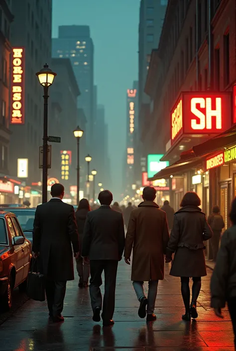 People walking on the street at night 1970