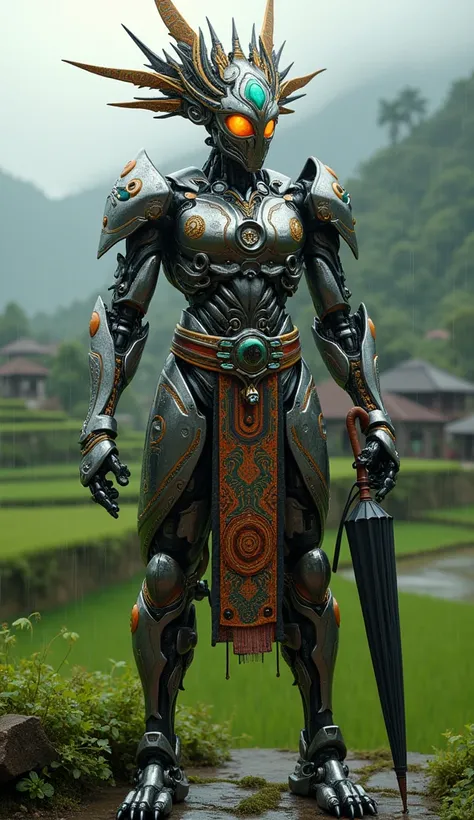 imagine A highly detailed Transformer character inspired by November in Indonesia. The Transformer has a sleek, metallic body with intricate batik patterns etched into its armor, symbolizing Indonesian heritage. Its eyes glow with a warm, amber hue, remini...