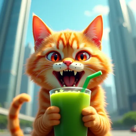 This photo is a close-up of a cats face. The cats fur is orange and the eyes are red, and its mouth is open as if it is about to take a bite of a green drink. The drink resembles a smoothie or juice, and it is decorated with a green straw. In the backgroun...