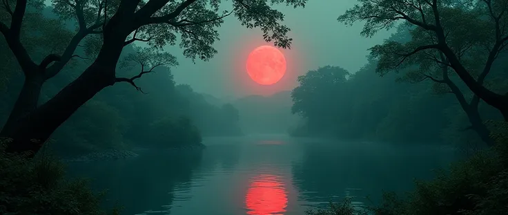 A dense green forest with a lake in the center reflecting a macabre blood moon, 8K, detailed