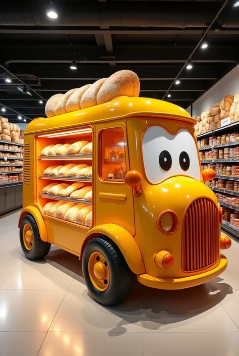 Bimbo stand in the shape of a truck to display bread in a supermarket 