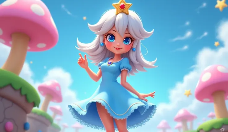 Cartoon Princess Rosalina from Mario, wearing a light blue short dress