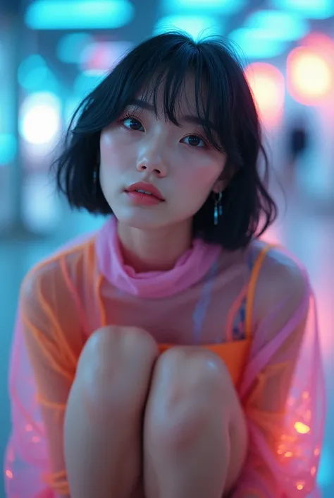 Angle from below, Japanese woman, pretty face, short cut hair, bangs, black hair, bangs, blurred background, blur, background is future high-tech amusement park, chromatic aberration, knee high, looking up, motion blur, Photo_Curly, multicolor see-through ...