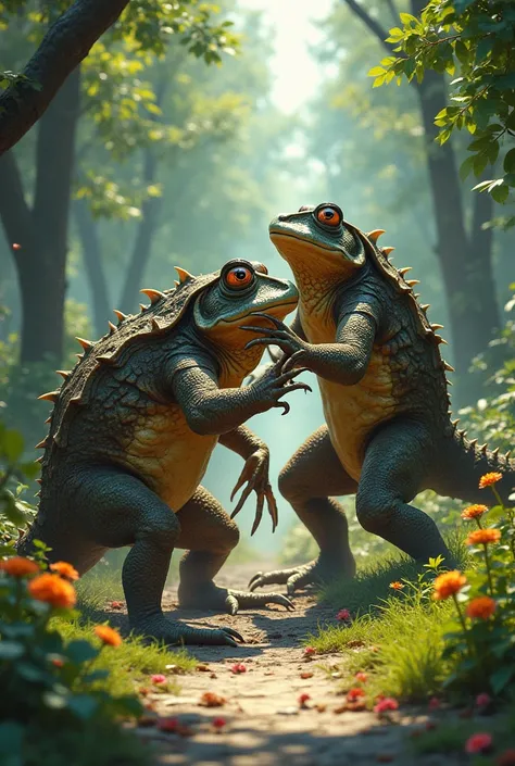 Images of toads and lizards fighting in a park  