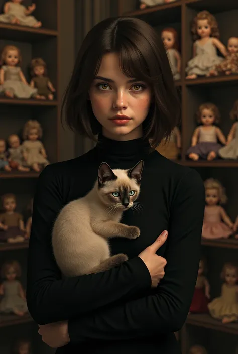 A woman wearing black clothes with shoulder-length brown hair with a mole below her right eye with a Siamese kitten in a room with dolls on shelves show the girl&#39;s serious and gentle facial expression