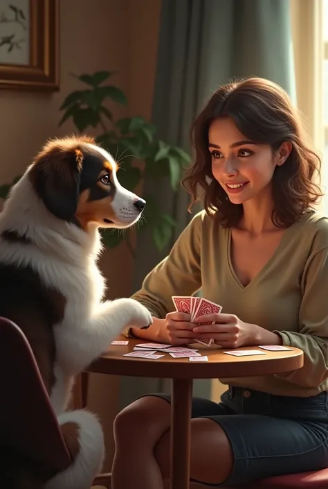 Woman playing cards with her dog, la chienne est assise sur une chaise comme une humaine en face delle et elles jouent aux cartes, the dog holds cards between her paws, her tail wags behind her, style photoréaliste 8K 