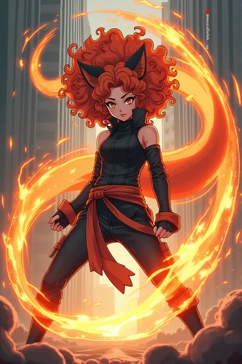 A Naruto anime girl with Kurama inside her, with a ninja suit and curly copper hair , that has the shape of the 9-tailed fox and that is summoning a beast ball with its hair 