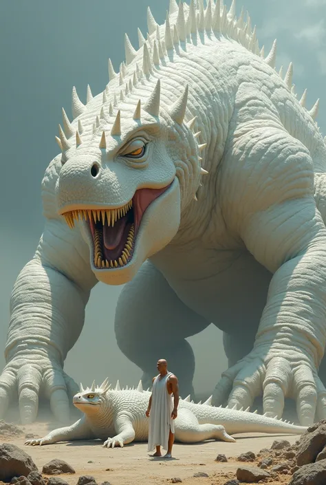 Greek god falligar.looks like exactly a spinosaur. Have lots and lots of spines. Completely white in colour. Realistic. Menacing. Tall. Closeup.lying on the ground dead .
Gorr the god butcher standing next him. Gorr is bald. White Greek dress. Holding necr...