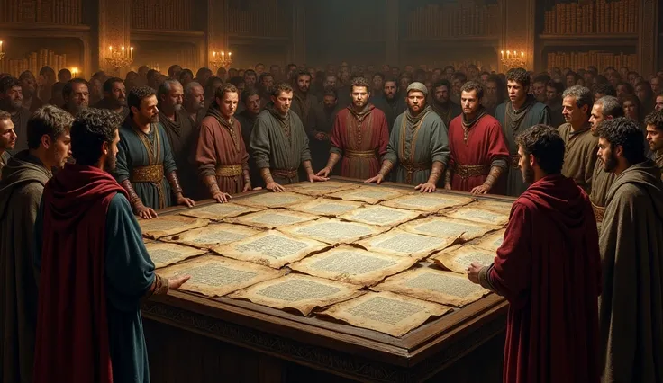 a crowd of men in medieval clothes gathered in front of a large sheet of ancient manuscripts