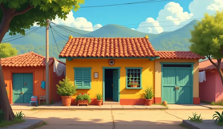 "A Pixar animation style illustration shows a line of 1 floor houses  in el salvador, front view famera from across the stree we see a house with its window open , pixar animation style