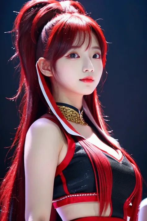 pretty korean girl, red hair with black highlights in the hair, at a show because she is an idol with a beautiful costume