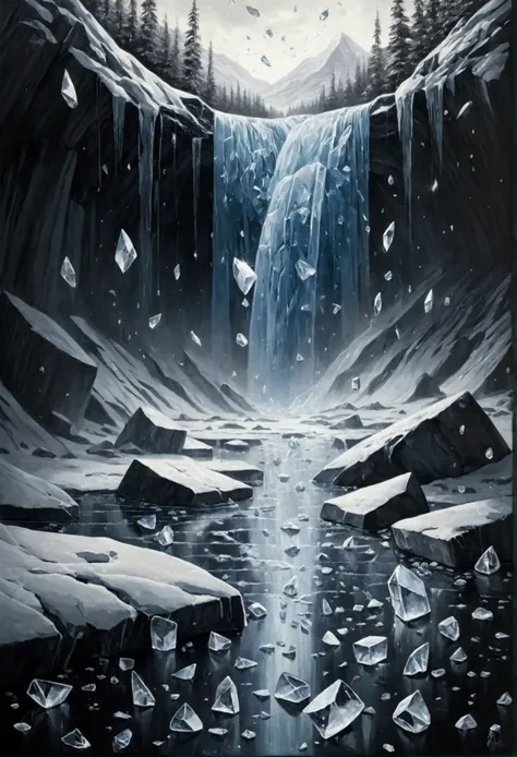 Broken glass, Scattered Glass, Glass falls like rain, Cracked Ice, Scattered ice, Ice falls like rain, Broken Crystal, Scattered Crystals, Crystals fall like rain, Landscape painting, Monochrome, a world with nothing