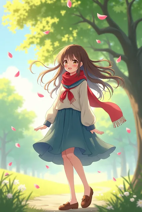 What is it, 1 woman, Alone, Brown hair, Split bangs, forehead, brown eyes, blusher, laugh, angel, Sailor collar, Red scarf, Blue skirt, Looking at the viewers, long sleeves, sunlight, outdoors, tree, Cherry Blossom, petal, turn one&#39;s head, Bare legs, l...