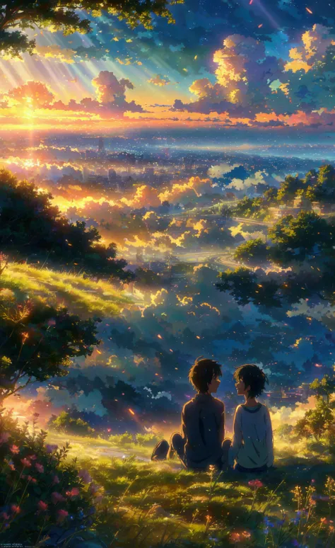 Sunset, yellow sky, many cloud, anime scene of a couple sitting on a hill overlooking a lake, romantic, buffterfly, flowers is glowing, makoto shinkai movie, mokoto shinkai, studio glibly makoto shinkai, style of makoto shinkai, makoto shinkai. —h 2160, gu...