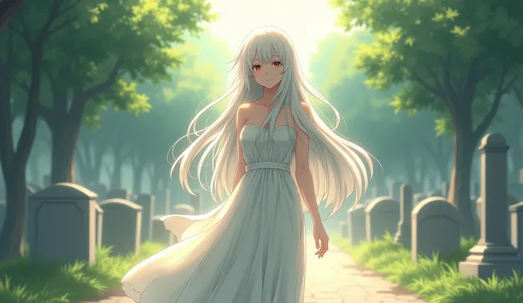 An evocative anime scene featuring an extraordinarily beautiful woman with flowing white hair, smiling sweetly. She is standing in a cemetery during the daytime, surrounded by serene and well-maintained graves. The sunlight casts a gentle, soft glow across...