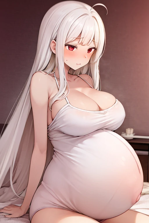 masterpiece,(bestquality),highlydetailed,ultra-detailed, (pregnant woman), (maternity wear), 1girl,bishoujo,stare,red eyes,beautiful detailed eyes,long hair,white hair,silver_hair,Wing-like bangs，Dull hair,ahoge,Hair rings,Half tied hair, cold，expressivele...