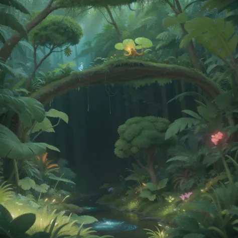 A neon-lit jungle with glowing flora and fauna, where the trees are circuit boards and the rivers flow with liquid light