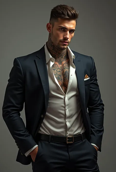 A young and handsome man with an athletic build. Formal outfit, tattooed.  