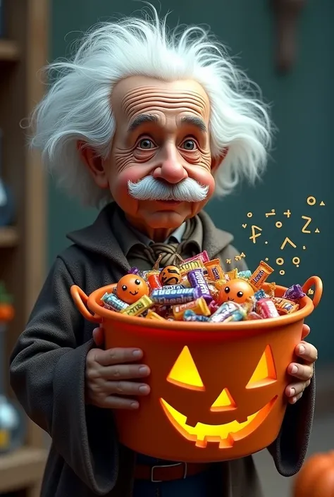 Einstein holding a Halloween candy bucket, but it’s full of scientific symbols and formulas instead of candy.