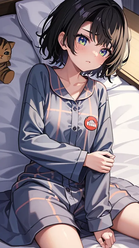 one girl, high resolution, shortcuts, black hair, sleepy face, a sweet expression, night中, dark room, pajamas、lie down, cat patt...