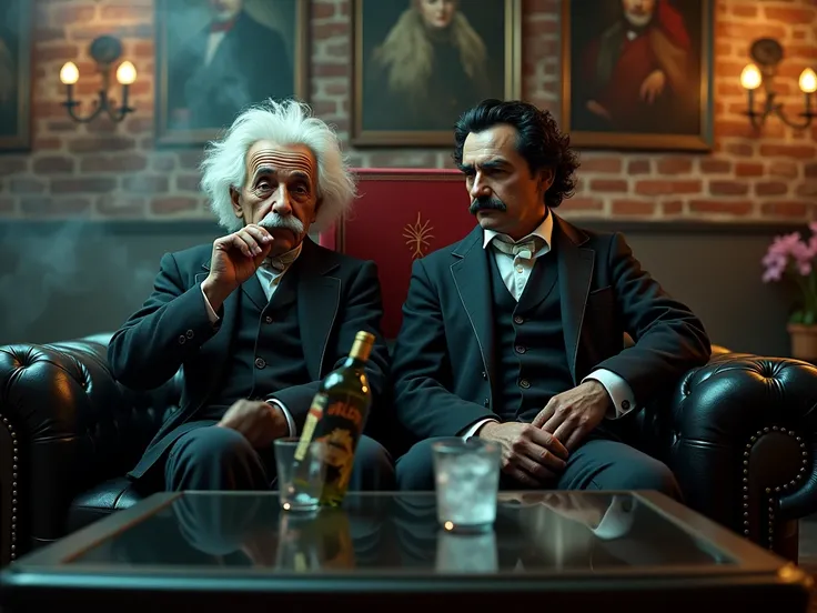 Albert Einstein smoking marijuana next to Edgar Allan Poe holding a liter bottle and a glass with ice both sitting on a black leather sofa in front of a glass coffee table with a large red leather-covered book behind them brick wall with oldschool painting...