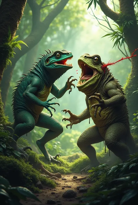 Lizards and toads fighting in the forest 