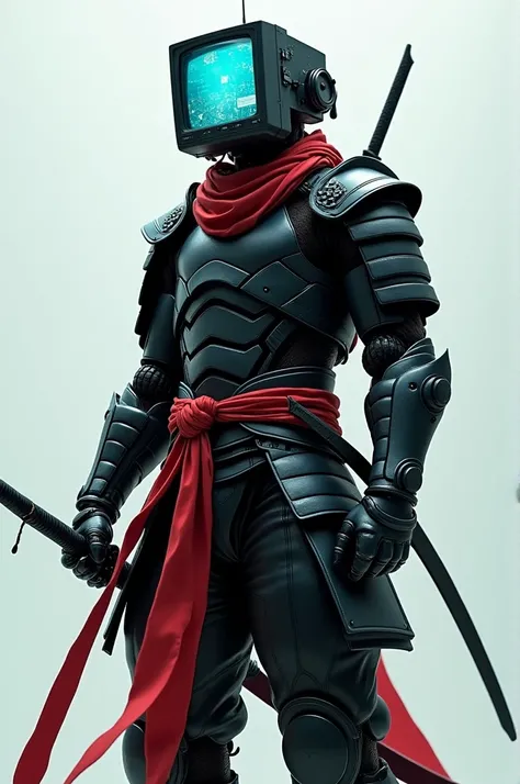 Samurai, black armor, TV Head, TV in place of the Head, Katana on the waist, hemen, scarf, empty background