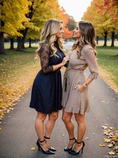 Two Hot moms in their 30’s, MILFs, fall fashion, wearing fall dresses, kissing, touching, sexy, lesbians, Blonde Hair, Brown Hair (full body)