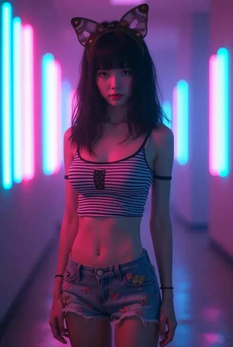 (photorealism:1.2), beautiful,   
A blurry background with purple, teal, blue and pink vertical neon lights creates a bright atmosphere. A Lolita girl with black hair decorated with butterflies stood alone. She wore a striped tank top and fairy-print short...