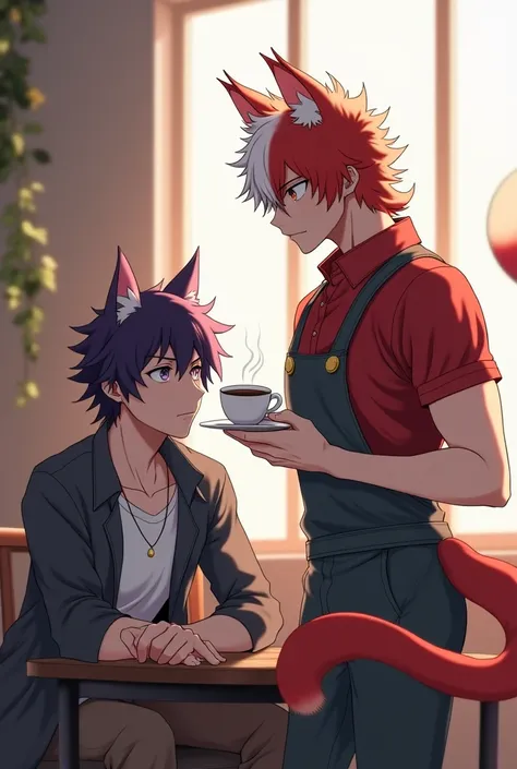 Imagine a Shoto Todoroki, the character of Boku no Hero Academia, but with a feline touch. Her hair is still half white and half red., but now he has cat ears emerging from the top of his head, with a soft coat that combines those two colors. His expressio...