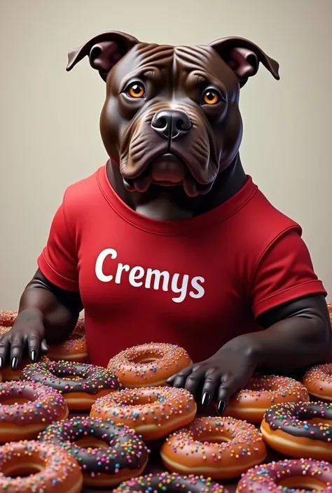 Dark brown pitbull with honey colored eyes wearing a red t-shirt that says cremys with lots of chocolate donuts with colored sprinkles 