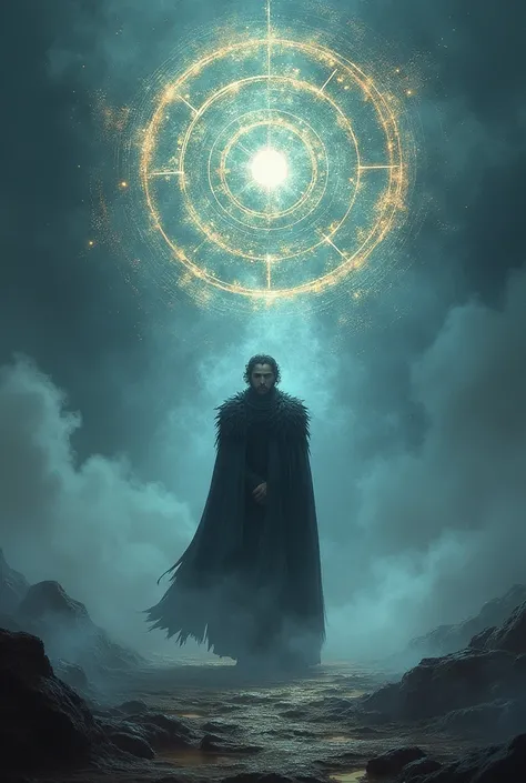 Bran Stark as the Three-Eyed Raven, surrounded by swirling mist and ancient symbols, traveling through time. The scene hints at his connection to past events and his struggle with his destiny.