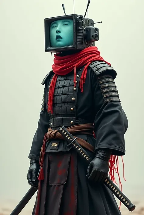 Samurai, black armor, tube TV Head, tube TV in place of Head, Katana on waist, hemen, scarf, empty background