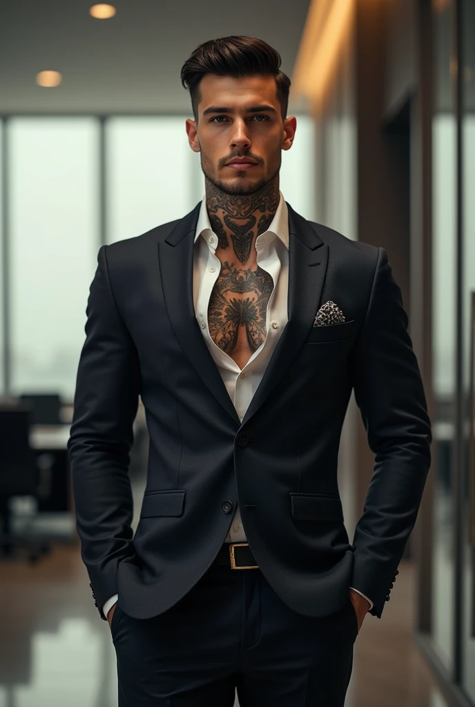 A young and handsome man with an athletic build. Formal outfit, tattooed.  Office 